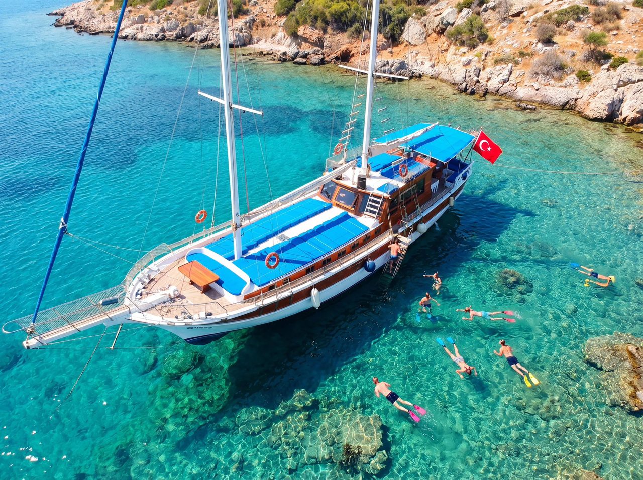 Bodrum koyunda demirli gulet ve şnorkelle yüzen misafirler